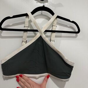 Aerie Forest Green & White Trim Bikini Top – Cross Front Halter Swimsuit Top